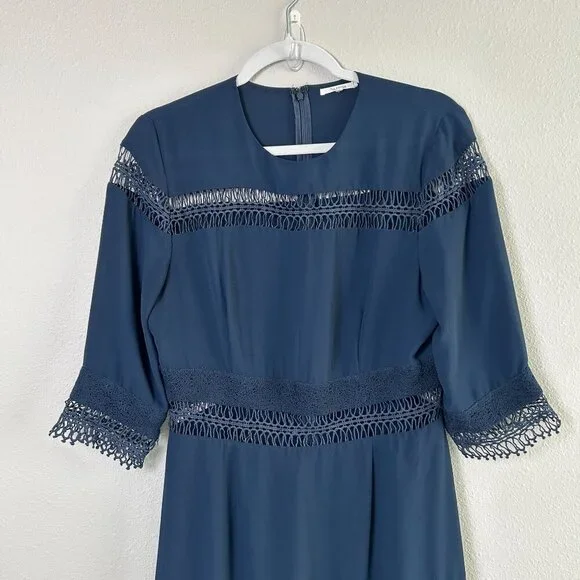 Tularosa Mini Dress Size M Navy Blue Lace Ruffle Trim Lined Elbow Sleeve Zip - Picture 2 of 14